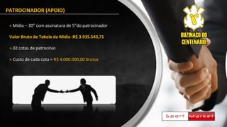 PATROCINADOR (APOIO)
» Mídia – 30” com assinatura de 5”do patrocinador
Valor Bruto de Tabela da Mídia :R$ 3.935.543,71
» 02 cotas de patrocínio
» Custo de cada cota = R$ 4.000.000,00 brutos
 
