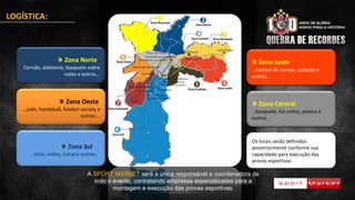 LOGÍSTICA:
» Zona Leste
…futebol de campo, natação e
outros…
» Zona Oeste
…judo, handeball, futebol society e
outros…
» Zona Norte
Corrida, atletismo, basquete sobre
rodas e outros...
» Zona Central
…basquete, fut volley, peteca e
outros.
» Zona Sul
…tênis, volley, futsal e outros…
Os locais serão definidos
posteriormente conforme sua
capacidade para execução das
provas esportivas.
A SPORT MARKET será a única responsável e coordenadora de
todo o evento, contratando empresas especializadas para a
montagem e execução das provas esportivas.
 