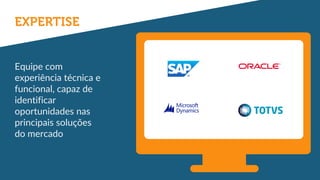 w w w . t s c t i . c o m . b r
Equipe com
experiência técnica e
funcional, capaz de
identificar
oportunidades nas
principais soluções
do mercado
 
