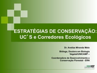 ESTRATÉGIAS DE CONSERVAÇÃO:
UC’S e Corredores Ecológicos
Dr. Aneliza Miranda Melo
Bióloga, Doutora em Biologia
Vegetal/UNICAMP –
Coordenadora de Desenvolvimento e
Conservação Florestal - ERN
 
