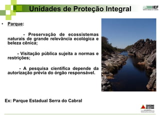 Unidades de Proteção Integral
•  Parque:
- Preservação de ecossistemas
naturais de grande relevância ecológica e
beleza cênica;
- Visitação pública sujeita a normas e
restrições;
- A pesquisa científica depende da
autorização prévia do órgão responsável.
Ex: Parque Estadual Serra do Cabral
 