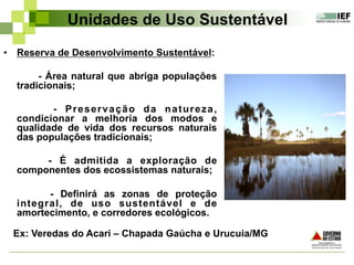 Unidades de Uso Sustentável
•  Reserva de Desenvolvimento Sustentável:
- Área natural que abriga populações
tradicionais;
- Preservação da natureza,
condicionar a melhoria dos modos e
qualidade de vida dos recursos naturais
das populações tradicionais;
- É admitida a exploração de
componentes dos ecossistemas naturais;
- Definirá as zonas de proteção
integral, de uso sustentável e de
amortecimento, e corredores ecológicos.
Ex: Veredas do Acari – Chapada Gaúcha e Urucuia/MG
 
