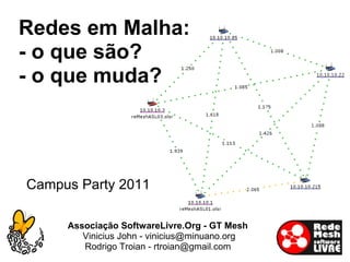 Redes em Malha:
- o que são?
- o que muda?




Campus Party 2011

     Associação SoftwareLivre.Org - GT Mesh
        Vinicius John - vinicius@minuano.org
        Rodrigo Troian - rtroian@gmail.com
 