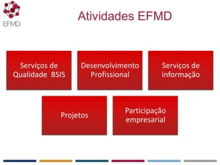 EFMD.org
Serviços de
Qualidade BSIS
Desenvolvimento
Profissional
Serviços de
informação
Projetos
Participação
empresarial
Atividades EFMD
 