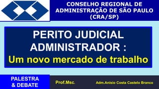 Prof.Msc. Adm.Anísio Costa Castelo Branco
PERITO JUDICIAL
ADMINISTRADOR :
Um novo mercado de trabalho
PALESTRA
& DEBATE
CONSELHO REGIONAL DE
ADMINISTRAÇÃO DE SÃO PAULO
(CRA/SP)
 