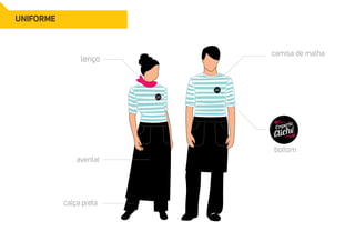 Uniforme 
lenço 
camisa de malha 
bottom 
avental 
calça preta 
 