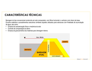 CARACTERÍSTICAS TÉCNICAS
Barragem do tipo convencional construído em solo compactado, com filtros horizontal e vertical e com dreno de base.
Envolve materiais e procedimentos executivos similares àqueles utilizados para estruturas com finalidade de acumulação
de água, tais como:
• Ensaios de caracterização física e mecânica do solo
• Controle de compactação do aterro
• Ensaios de granulometria dos materiais para drenagem interna
Cota - 904,0m
MONTANTE
BARRAGEM
ATUAL
FILTROVERTICAL
TAPETE DRENANTE
JUSANTE
 
