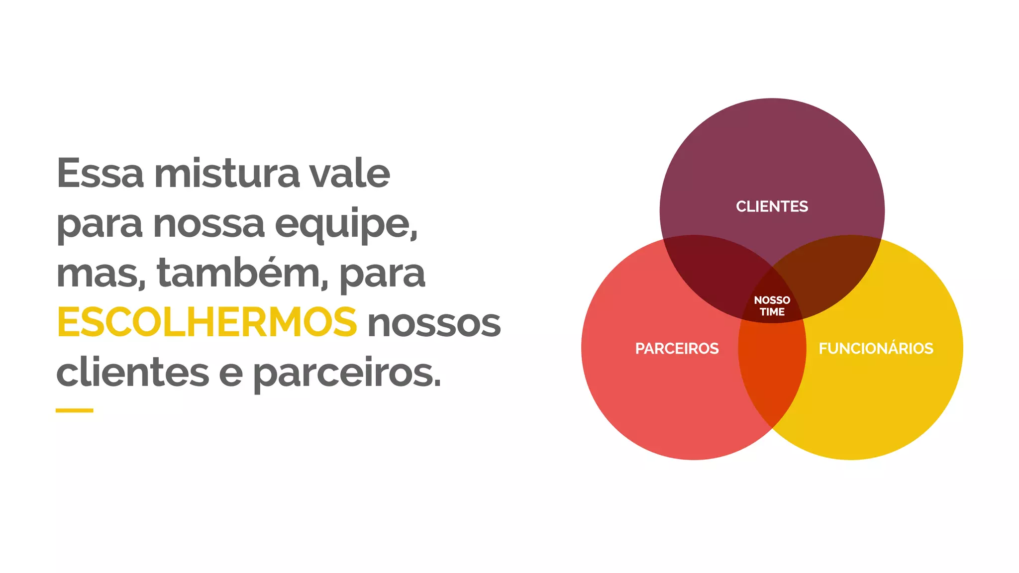 CLIENTES
NOSSO
TIME
PARCEIROS FUNCIONÁRIOS
Essa mistura vale
para nossa equipe,
mas, também, para
ESCOLHERMOS nossos
clientes e parceiros.
 
