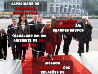 Capacidade de
  gerenciar
 expectativas

                      Processo
                    decisório em
                   grandes grupos
Trabalhar em um
 ambiente de co-
    criação



               Melhor
           compreensão das
             relações de
 