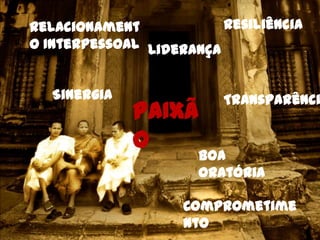 Relacionament            Resiliência
o Interpessoal Liderança


  Sinergia               Transparênci
             PAIXÃ
             O
                      Boa
                      oratória

                    Comprometime
                    nto
 