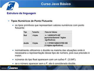 Curso Java Básico

Estrutura da linguagem

   Tipos Numéricos de Ponto Flutuante
      os tipos primitivos que representam...