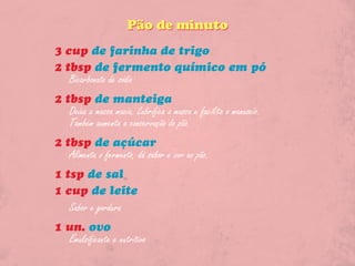 Pão de minuto
3 cup de farinha de trigo	
2 tbsp de fermento químico em pó
   Bicarbonato de sódio
2 tbsp de manteiga
   Deixa a massa macia. Lubrifica a massa e facilita o manuseio.
   Também aumenta a conservação do pão.
2 tbsp de açúcar
   Alimenta o fermento, dá sabor e cor ao pão.
1 tsp de sal
1 cup de leite	
   Sabor e gordura
1 un. ovo
   Emulsificante e nutritivo
 