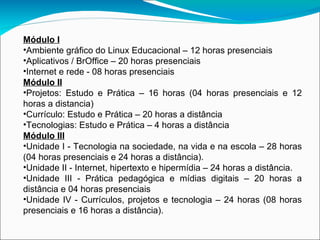 Módulo I Ambiente gráfico do Linux Educacional – 12 horas presenciais  Aplicativos / BrOffice – 20 horas presenciais  Internet e rede - 08 horas presenciais Módulo II Projetos: Estudo e Prática – 16 horas (04 horas presenciais e 12 horas a distancia)‏ Currículo: Estudo e Prática – 20 horas a distância Tecnologias: Estudo e Prática – 4 horas a distância Módulo III Unidade I - Tecnologia na sociedade, na vida e na escola – 28 horas (04 horas presenciais e 24 horas a distância). Unidade II - Internet, hipertexto e hipermídia – 24 horas a distância. Unidade III - Prática pedagógica e mídias digitais – 20 horas a distância e 04 horas presenciais Unidade IV - Currículos, projetos e tecnologia – 24 horas (08 horas presenciais e 16 horas a distância).  
