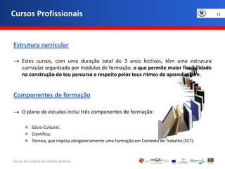 Estrutura curricularEstes cursos, com uma duração total de 3 anos lectivos, têm uma estrutura curricular organizada por módulos de formação, o que permite maior flexibilidade na construção do teu percurso e respeito pelos teus ritmos de aprendizagem.Componentes de formaçãoO plano de estudos inclui três componentes de formação:Sócio-Cultural;Científica;Técnica, que implica obrigatoriamente uma Formação em Contexto de Trabalho (FCT).Cursos Profissionais1111Escola Secundária do Castêlo da MaiaGOVERNO DA RÉPUBLICAPORTUGUESA