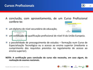 A conclusão, com aproveitamento, de um Curso Profissional confere-te:um diploma de nível secundário de educação;um certificado de qualificação profissional de nível III da União Europeia.a possibilidade de prosseguimento de estudos – formação num Curso de Especialização Tecnológica ou o acesso ao ensino superior (mediante o cumprimento dos requisitos previstos no regulamento de acesso ao ensino superior).NOTA: A certificação para conclusão do curso não necessita, em caso algum, da realização de exames nacionais.Cursos Profissionais1717Escola Secundária do Castêlo da MaiaGOVERNO DA RÉPUBLICAPORTUGUESA