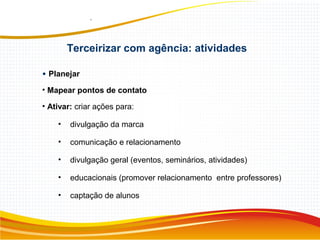 Terceirizar com agência: atividades
• Planejar
• Mapear pontos de contato
• Ativar: criar ações para:
• divulgação da marca
• comunicação e relacionamento
• divulgação geral (eventos, seminários, atividades)
• educacionais (promover relacionamento entre professores)
• captação de alunos
 