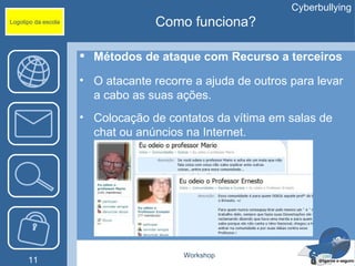 Cyberbullying
Logotipo da escola                 Como funciona?

                      Métodos de ataque com Recurso a terceiros

                     • O atacante recorre a ajuda de outros para levar
                       a cabo as suas ações.
                     • Colocação de contatos da vítima em salas de
                       chat ou anúncios na Internet.




                                        Workshop
      11
 