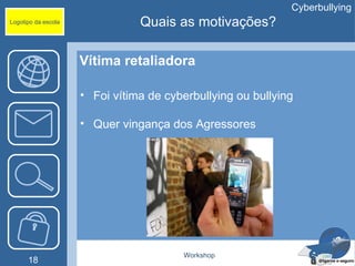 Cyberbullying
Logotipo da escola              Quais as motivações?

                     Vítima retaliadora

                     • Foi vítima de cyberbullying ou bullying

                     • Quer vingança dos Agressores




                                        Workshop
      18
 