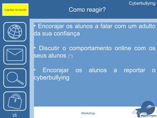 Cyberbullying
Logotipo da escola               Como reagir?

                     • Encorajar os alunos a falar com um adulto
                     da sua confiança

                     • Discutir o comportamento online com os
                     seus alunos (*)

                     • Encorajar     os   alunos   a   reportar    o
                     cyberbullying




                                      Workshop
      25
 