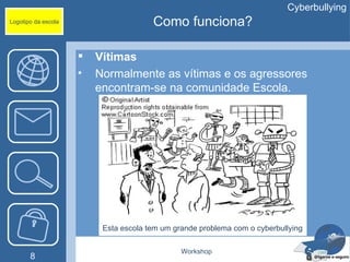 Cyberbullying
Logotipo da escola                     Como funciona?

                        Vítimas
                     •   Normalmente as vítimas e os agressores
                         encontram-se na comunidade Escola.




                          Esta escola tem um grande problema com o cyberbullying

                                               Workshop
       8
 