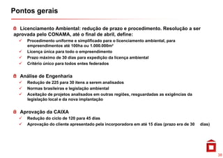 Pontos gerais

  Licenciamento Ambiental: redução de prazo e procedimento. Resolução a ser
aprovada pelo CONAMA, até o final de abril, define:
              CONAMA                 abril
     Procedimento uniforme e simplificado para o licenciamento ambiental, para
     empreendimentos até 100ha ou 1.000.000m²
     Licença única para todo o empreendimento
     Prazo máximo de 30 dias para expedição da licença ambiental
     Critério único para todos entes federados


  Análise de Engenharia
     Redução de 225 para 30 itens a serem analisados
     Normas brasileiras e legislação ambiental
     Aceitação de projetos analisados em outras regiões, resguardadas as exigências da
     legislação local e da nova implantação


  Aprovação da CAIXA
     Redução do ciclo de 120 para 45 dias
     Aprovação d cliente apresentado pela incorporadora em até 15 dias (prazo era de 30
     A      ã do li                d      l i      d         é 1 di (             d       dias)
                                                                                          di )




                                                                                                  38
 