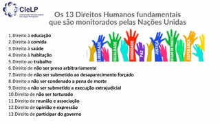 Os 13 Direitos Humanos fundamentais
que são monitorados pelas Nações Unidas
1.Direito à educação
2.Direito à comida
3.Direito à saúde
4.Direito à habitação
5.Direito ao trabalho
6.Direito de não ser preso arbitrariamente
7.Direito de não ser submetido ao desaparecimento forçado
8.Direito a não ser condenado a pena de morte
9.Direito a não ser submetido a execução extrajudicial
10.Direito de não ser torturado
11.Direito de reunião e associação
12.Direito de opinião e expressão
13.Direito de participar do governo
 