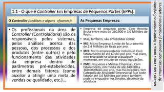 1.1 - O que é Controller Em Empresas de Pequenos Portes (EPPs):
O Controller (análises e alguns afazeres):
• Os profissionais da área de
Controller (Controladoria) são os
responsáveis pelos sistemas,
pelas análises acerca das
pessoas, dos processos e dos
produtos (entre outros) e pelo
funcionamento das atividades
da empresa dentro de
parâmetros pré-estabelecidos,
entre demais fatores (como
auxiliar a atingir uma meta de
vendas ou qualidade, etc.)...
As Pequenas Empresas:
• Empresa de pequeno porte. Com Receita
Bruta entre mais de 360.000 e 3,6 Milhões de
Reais;
• Mas, também, são entendidas como:
 ME: Micro Empresa. Limite de faturamento
de 2.4 Milhões de Reais por ano.
 MEI: Micro empreendedor individual. Com
faturamento de até 60 mil por ano, mas claro,
este teto pode se alterar a qualquer
momento, em virtude de novas legislações.
 PME: Pequenas e Médias Empresas. Com
faturamento, em média de até 240.000 a
360.000 Reais por ano, mas há exceções, tem
Categoria de Atividade Empresarial que pode
faturar até 3.6 Milhões por ano e também
pode se enquadrar no Simples, depende da
atividade
ME+EPP+MEI+PME+EIRELIs=RepresentamoConjunto
deempresascompoucosfuncionáriosesetores.
 