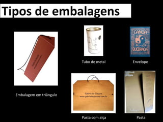 Tipos de embalagensEnvelopeTubo de metalEmbalagem em triânguloPastaPasta com alça