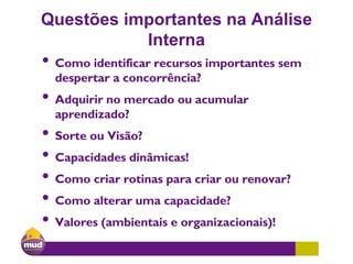 Questões importantes na Análise
Interna
• Como identificar recursos importantes sem
despertar a concorrência?
• Adquirir no mercado ou acumular
aprendizado?
• Sorte ou Visão?
• Capacidades dinâmicas!
• Como criar rotinas para criar ou renovar?
• Como alterar uma capacidade?
• Valores (ambientais e organizacionais)!
 