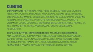 CLIENTES
CORPORATIVOS PETROBRAS, VALE, REDE GLOBO, AFFERO LAB, VIVO RIO,
PROFARMA, PUC-RIO, PROLAGOS, APSA, CENPS, COSAN, CBEC, DROGASIL,
DROGASMIL, FARMALIFE, GLOBO.COM, MINISTÉRIO DA EDUCAÇÃO, GOVERNO
FEDERAL, ITAÚ UNIBANCO, INSTITUTO TECNOLÓGICO VALE, INSTITUTO
UNIBANCO, LOGUM LOGÍSTICA, MERCEDES-BENZ, MORENA ROSA, NEXTEL, OI,
TSE, TRANSPETRO, VENKO, VEZPA PIZZAS, GRUPO GBG, SEBRAE,
FECOMÉRCIO.
CEO’S, EXECUTIVOS, EMPREENDEDORES, ATLETAS E CELEBRIDADES
ANA MARIA BRAGA, JULIANA PAES, ROSANA PAES (ESPAÇO JULIANA PAES),
CARLOS BURLE, CAROL NAKAMURA (TV GLOBO), TIAGO PARENTE (GNT),
HENRIQUE PISTILLI (CANAL OFF), JOÃO ALQUERES (VIVO RIO), ASSUR
FERNANDES II (VEZPA), ABY ALBU (PETROBRAS), ENTRE OUTROS.
 