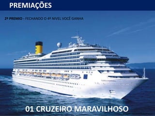 PREMIAÇÕES
2º PREMIO - FECHANDO O 4º NIVEL VOCÊ GANHA
01 CRUZEIRO MARAVILHOSOImagem meramente ilustrativa
 