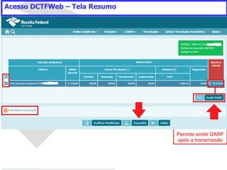 Acesso DCTFWeb – Tela Resumo
Permite emitir DARF
após a transmissão
 