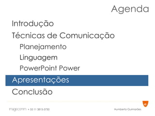 Agenda Introdução Técnicas de Comunicação Planejamento Linguagem PowerPoint Power Apresentações Conclusão 