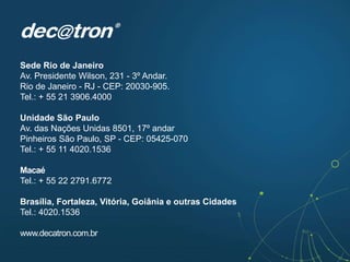 Maior qualidade
Redução de custos operacionais
Suporte técnico disponível
Foco no negócio
Tratamento de eventos
Maior controle
Aumento de produtividade
Técnicos especializados
Equipe certificada
Pacotes de Serviços Gerenciados
Tenha mais tempo livre para tratar os assuntos de negócios e deixe-nos cuidar do
resto.
 
