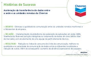 Aceleração da transferência de dados entre
a sede e as unidades remotas da Chevron
Histórias de Sucesso
• DESAFIO - Otimizar a qualidade da comunicação entre as unidades remotas marítimas e
o Datacenter da empresa.
• SOLUÇÃO - Implementação da plataforma de aceleração de aplicações em redes WAN,
Steelhead da Riverved (solução inteligente no tratamento de dados em links WAN e líder
de mercado), com envolvimento de uma equipe de perfil altamente técnico.
• RESULTADO - Redução no índice de consumo dos links de comunicação, melhora na
qualidade e na velocidade de comunicação de dados entre as diferentes localidades e
redução de custos. Além do consequente aumento da eficiência operacional das equipes.
 
