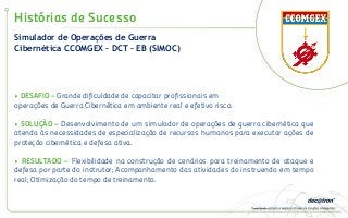 Histórias de Sucesso
• DESAFIO – Grande dificuldade de capacitar profissionais em
operações de Guerra Cibernética em ambiente real e efetivo risco.
• SOLUÇÃO – Desenvolvimento de um simulador de operações de guerra cibernética que
atenda às necessidades de especialização de recursos humanos para executar ações de
proteção cibernética e defesa ativa.
• RESULTADO – Flexibilidade na construção de cenários para treinamento de ataque e
defesa por parte do instrutor; Acompanhamento das atividades do instruendo em tempo
real; Otimização do tempo de treinamento.
Simulador de Operações de Guerra
Cibernética CCOMGEX – DCT – EB (SIMOC)
 