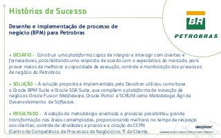 Desenho e implementação de processo de
negócio (BPM) para Petrobras
Histórias de Sucesso
• DESAFIO - Construir uma plataforma capaz de integrar e interagir com clientes e
fornecedores, possibilitando uma resposta de acordo com a expectativa do mercado, para
prover meios de melhorar a capacidade de execução, controle e monitoração dos processos
de negócio da Petrobras.
• SOLUÇÃO – A solução proposta e implementada pela Decatron utilizou como base
o Oracle BPM Suite e Oracle SOA Suite, que compõem a plataforma de inovação de
negócios Oracle Fusion Middleware, Oracle Portal e SCRUM como Metodologia Ágil de
Desenvolvimento de Software.
• RESULTADO - A adoção da metodologia orientada a processo possibilitou grande
transformação nas áreas contempladas, proporcionando melhoria no tempo de resposta
aos clientes, controle de atividades e prazos e a criação do CCPN
(Centro de Competência de Processos de Negócio) na TI do Cliente.
 