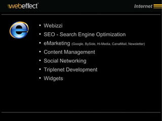 Internet Webizzi SEO - Search Engine Optimization eMarketing  (Google, BySide, Hi-Media, CanalMail, Newsletter) Content Management Social Networking Triplenet Development Widgets 