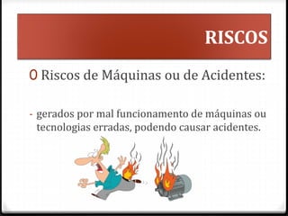 RISCOS
0 Riscos de Máquinas ou de Acidentes:
- gerados por mal funcionamento de máquinas ou
tecnologias erradas, podendo causar acidentes.
 
