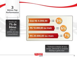 3 Top
                       Bônus
                  Performance



                             Receba até   Até R$ 9.999,99              5%
                             7% de
                             Bônus        R$ 10.000,00 ou mais               6%
                          sobre os
                       pedidos de seus
                       Consumidores!
                                          R$ 20.000,00 ou mais                    7%

                                                          “Estimule os desejos de seus
                                                        clientes, oferecendo os produtos
                                                             Polishop e ganhe mais”

                                                                                                     15


polly_opportunity_3_2012.indd 15                                                           16/05/2012 09:50:26
 