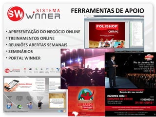 • APRESENTAÇÃO DO NEGÓCIO ONLINE
• TREINAMENTOS ONLINE
• REUNIÕES ABERTAS SEMANAIS
• SEMINÁRIOS
• PORTAL WINNER
 