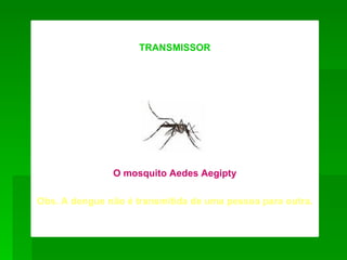 TRANSMISSOR




               O mosquito Aedes Aegipty

Obs. A dengue não é transmitida de uma pessoa para outra.
 