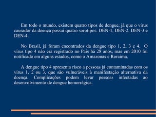 Em todo o mundo, existem quatro tipos de dengue, já que o vírus causador da doença possui quatro sorotipos: DEN-1, DEN-2, DEN-3 e DEN-4. No Brasil, já foram encontrados da dengue tipo 1, 2, 3 e 4.  O vírus tipo 4 não era registrado no País há 28 anos, mas em 2010 foi notificado em alguns estados, como o Amazonas e Roraima. A dengue tipo 4 apresenta risco a pessoas já contaminadas com os vírus 1, 2 ou 3, que são vulneráveis à manifestação alternativa da doença. Complicações podem levar pessoas infectadas ao desenvolvimento de dengue hemorrágica. 