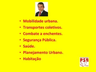 Mobilidade urbana. Transportes coletivos. Combate a enchentes. Segurança Pública. Saúde. Planejamento Urbano. Habitação 