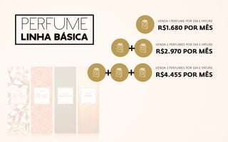 perfume
linha básica
VENDA 1 PERFUME POR DIA E FATURE
R$1.680 POR MÊS
VENDA 2 PERFUMES POR DIA E FATURE
R$2.970 POR MÊS
VENDA 3 PERFUMES POR DIA E FATURE
R$4.455 POR MÊS
 