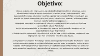 Interar o conjunto entre empregadores e a mão de obra disponível, além de fatores que podem
influenciar essa dinâmica, em uma determinada localidade ou para uma área específica, ele
buscar estabelecer essas relações de trabalho e organizar o processo de oferta e demanda, pois que,
sem ele, não haveria uma sistematização entre vagas e trabalhadores para que a economia pudesse
funcionar. trabalhar pode ajudar as pessoas a
desenvolver habilidades e conhecimentos valiosos, tornando-as mais aptas lidar com desafios e
oportunidades futuras. Ao trabahar
em um ambiente desafiador, as pessoas podem aprender novas competências,melhorar a sua
capacidade de resolução de problemas
e desenvolver uma variedade de competências técnicas (da área) e comportamentais. Isso as torna mais
empregáveis e até mais competentes em outras áreas da vida.
poder proporcionar um senso de realização pessoal e satisfação ao realizar tarefas desafiadoras e obter
resultados positivos. Quando as pessoas trabalham em algo que amam ou têm paixão, podem se sentir
realizadas e motivadas a continuar a desenvolver as suas habilidades e conhecimentos. Isso pode levar
a uma autoestima mais elevada e à autoconfiança, bem como a um sentimento de orgulho e satisfação
pessoal.
 