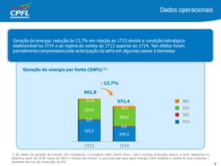 Dados operacionais
1T13 1T14
325,2
244.3
0,4
0,4
314.4
289,0
21.8
37.7
PCH
SOL
EOL
BIO
661,8
Geração de energia por fonte (GWh) (1)
571,4
Geração de energia: redução de 13,7% em relação ao 1T13 devido a condição hidrológica
desfavorável no 1T14 e ao regime de ventos do 1T13 superior ao 1T14. Tais efeitos foram
parcialmente compensados pela antecipação da safra em algumas usinas à biomassa
1) Os dados de geração de energia não consideram o Complexo eólico Santa Clara, cuja a energia produzida passou a estar disponível no
sistema a partir de 29 de março de 2014, e Campo dos Ventos II, que está apto para gerar energia e têm recebido a receita de seus contratos –
pendente término da construção da ICG
- 13,7%
8
 