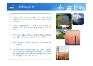 Destaques 3T14
3
 Capacidade em operação de 1.495 MW
distribuídos em 70 usinas ao final do 3T14 (+21%
vs 3T13)
 Receita líquida de R$ 344 MM no 3T14 (+28% vs
3T13) e de R$ 878 MM nos 9M14 (+28% vs
9M13)
 EBITDA de R$ 218 MM no 3T14 (+47% vs 3T13)
e de R$ 454 MM nos 9M14 (17% vs 9M13)
 Sólida situação de liquidez financeira: caixa de
R$ 779 MM
 Conclusão da incorporação da DESA: adição
de 331 MW de capacidade contratada (278 MW
em operação e 53 MW em construção), com
eficácia a partir de 01 de outubro
 