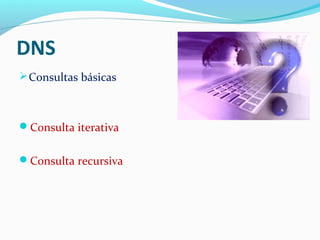 DNS
Consultas básicas
Consulta iterativa
Consulta recursiva
 