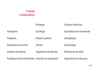 A equipe
             multidisciplinar


                                Psicólogos                Designers industriais

Animadores                      Sociólogos                Especialistas em treinamento

Fotógrafos                      Designers grá cos         Antropólogos

Especialistas de cinema         Artistas                  Dramaturgos

Designers de produto            Engenheiros de software   Pro ssionais de mídia

Psicólogos do desenvolvimento Cientistas da computação    Especialistas em educação

                                                                                      15/43
 